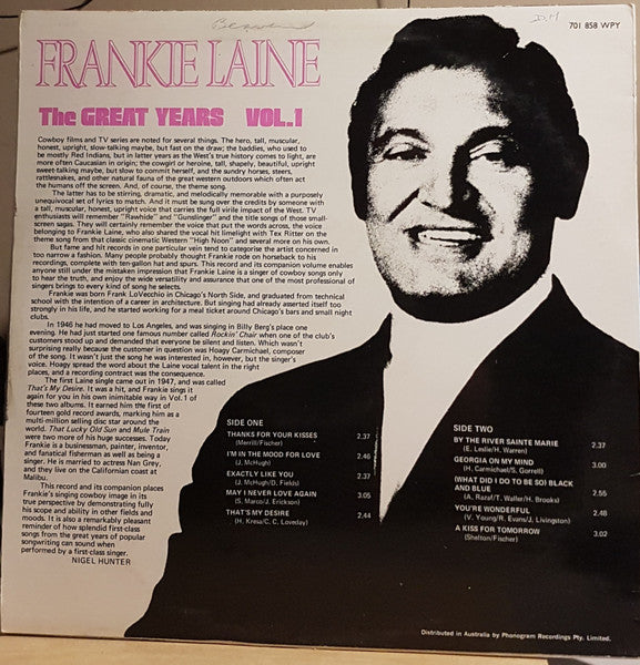 Frankie Laine : The Great Years Volume 1 (LP, Comp)
