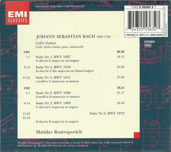 Mstislav Rostropovich - Johann Sebastian Bach : Cello-Suiten (2xCD, Album, Swi + Box)