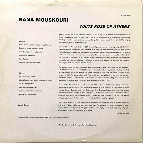 Nana Mouskouri : White Rose Of Athens (Sung In German) (LP, Comp)