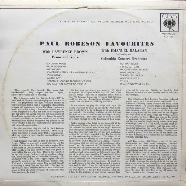 Paul Robeson : Paul Robeson Favourites (LP, Mono)