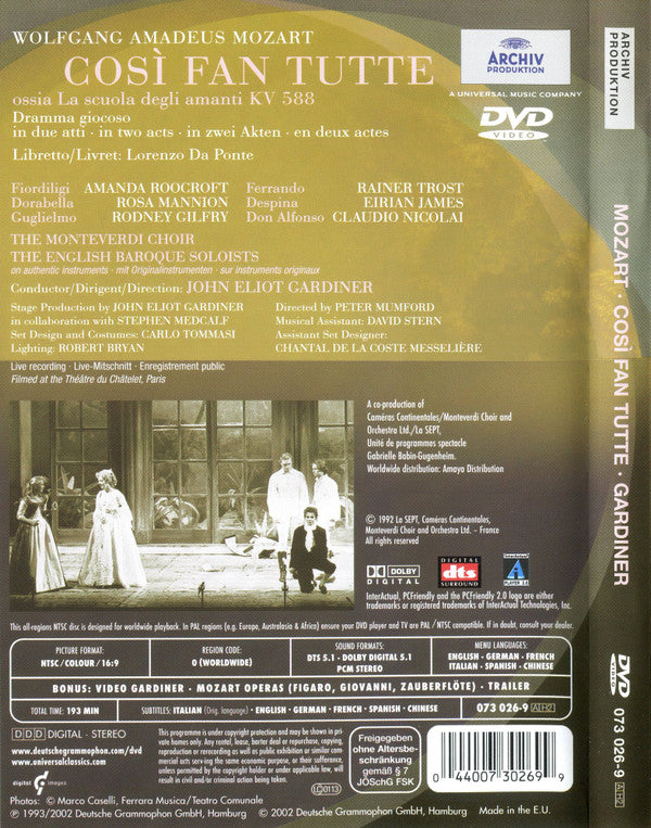 Wolfgang Amadeus Mozart - Amanda Roocroft, Rosa Mannion, Rodney Gilfry, Rainer Trost, Eirian James, Claudio Nicolai, The Monteverdi Choir, The English Baroque Soloists, John Eliot Gardiner : Così Fan Tutte (2xDVD-V, NTSC)