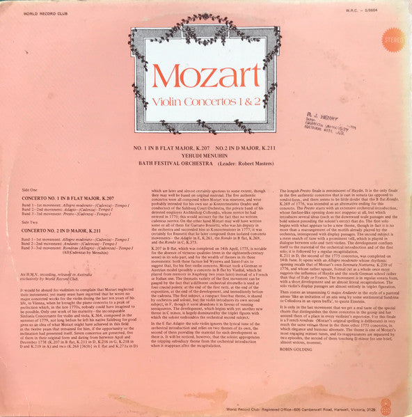 Mozart* : Mozart Violin Concertos 1 & 2 (LP, Album, Club, RE)
