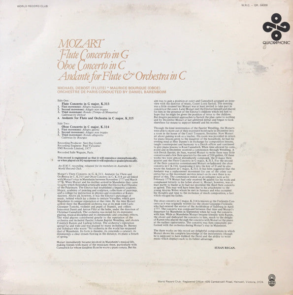 Mozart* - Michel Debost, Maurice Bourgue, Daniel Barenboim, Orchestre De Paris : Flute Concerto In G / Oboe Concerto In C / Andante For Flute & Orchestra In C (LP, Album, Quad, Club)