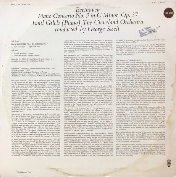 Beethoven* / Emil Gilels, The Cleveland Orchestra Conducted By Szell* : Piano Concerto No. 3 In C Minor, Op. 37 (LP, Album, Club, RE)