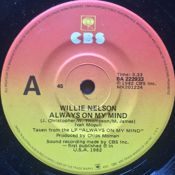 Willie Nelson : Always On My Mind (7", Single)