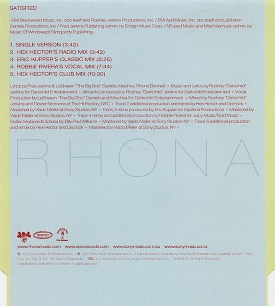 Rhona : Satisfied (CD, Single)