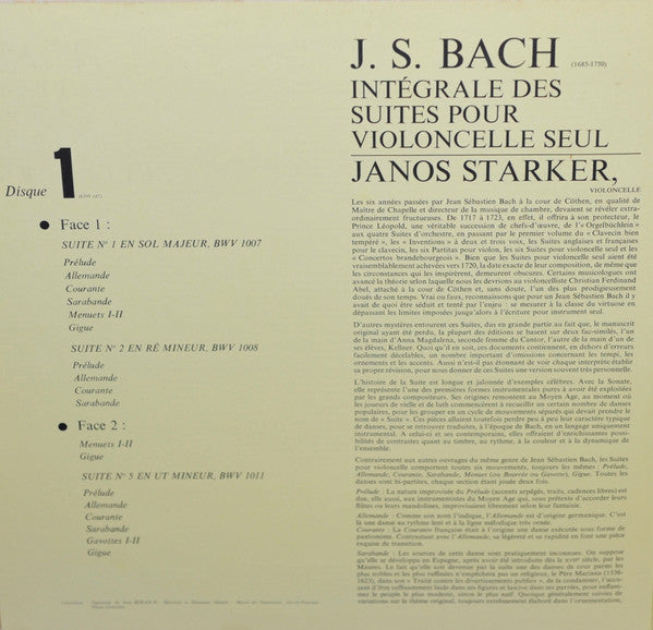 J.S. Bach* - Janos Starker : Intégrale En 2 Disques Des Six Suites Pour Violoncelle Seul BWV 1007-1012 (2xLP, RE, Gat)