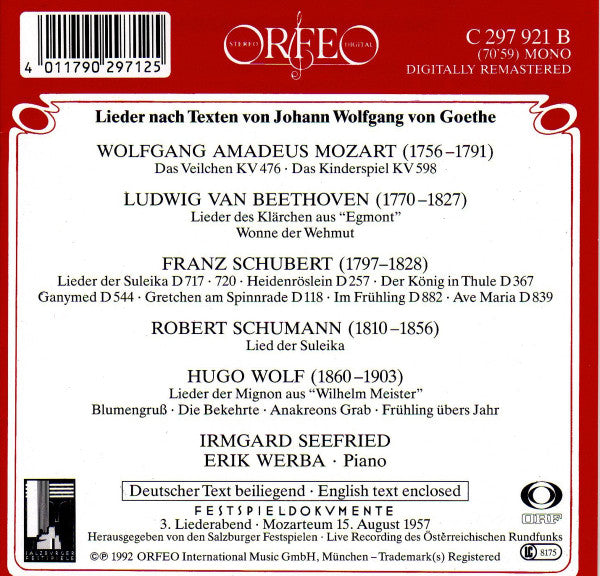 Irmgard Seefried, Erik Werba : Goethe Lieder - Mozart . Beethoven . Schumann . Schubert . Wolf (CD)