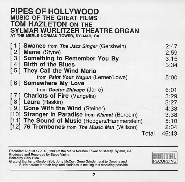 Tom Hazleton : Pipes Of Hollywood Tom Hazleton On The Mighty Wurlitzer Theatre Organ (CD, Album)