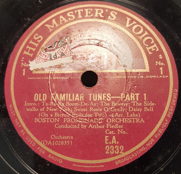 Boston Promenade Orchestra : Old Familiar Tunes (Shellac, 10")