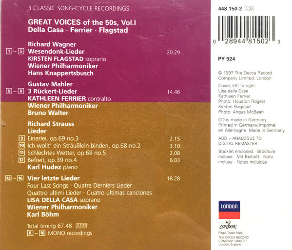 Lisa Della Casa, Kathleen Ferrier, Kirsten Flagstad : Great Voices Of The 50s.  Vol. I (CD, Comp, Mono)