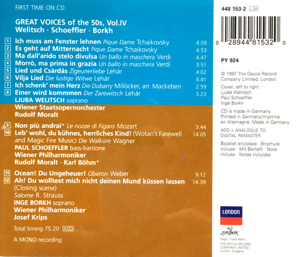 Ljuba Welitsch, Paul Schoeffler*, Inge Borkh : Great Voices of the 50s. Vol. IV (CD, Comp, Mono)