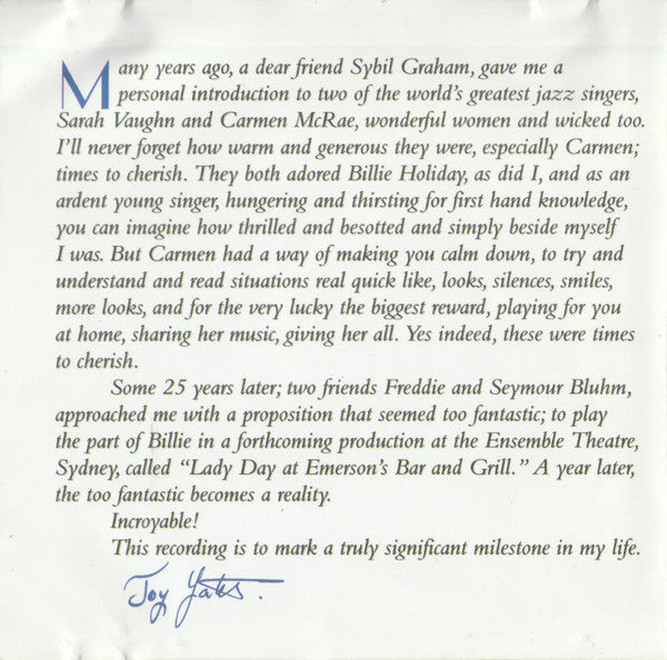 Joy Yates : Songs From Lady Day (CD, Album)