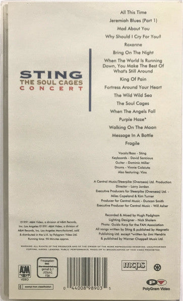 Sting : The Soul Cages Concert (VHS, PAL)