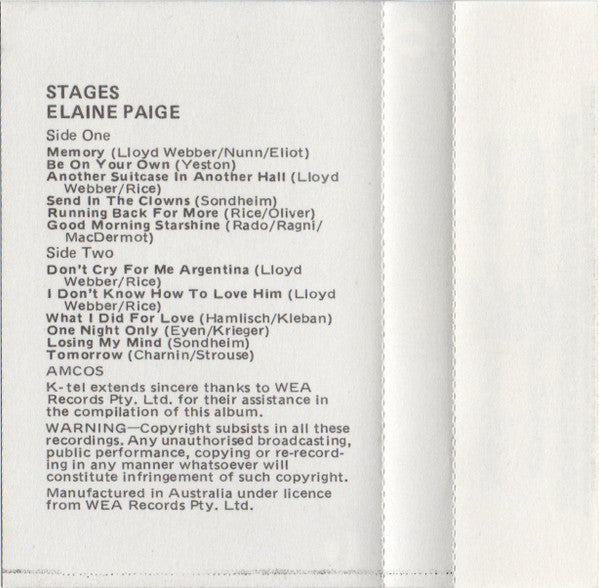 Elaine Paige : Stages (Cass, Comp)