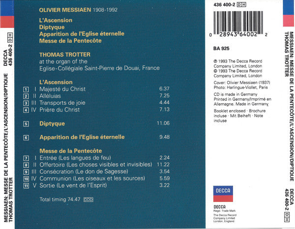 Thomas Trotter : Messiaen - Messe De La Pentecôte / Diptyque / Apparition de L’église éternelle / L'Ascension (CD)