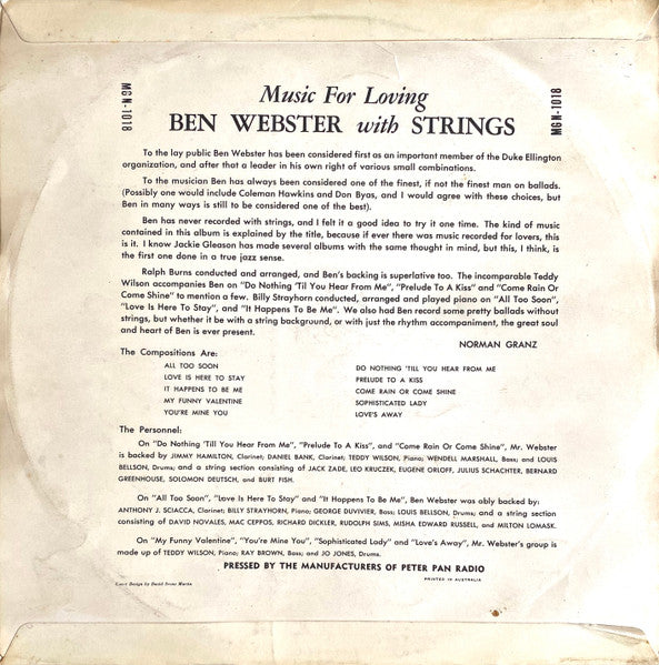 Ben Webster With Strings : Music For Loving (LP, Album)