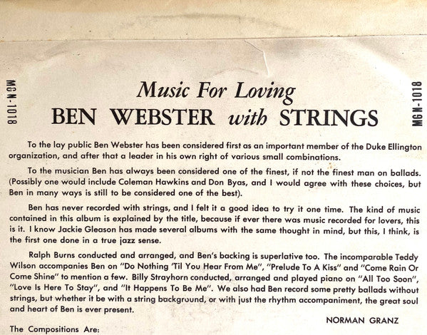 Ben Webster With Strings : Music For Loving (LP, Album)