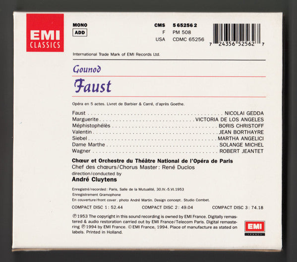 Charles Gounod - Nicolai Gedda, Victoria De Los Angeles, Boris Christoff, Orchestre National De L'Opéra De Paris, Choeur National De L'Opéra De Paris, André Cluytens : Faust (3xCD, Album, Mono, RE, RM + Box, Sli)