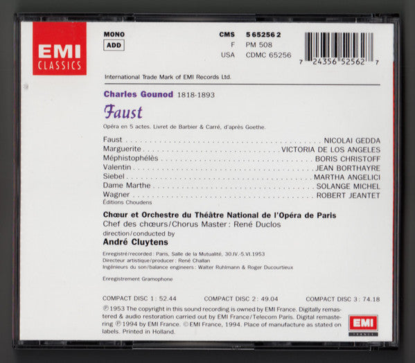 Charles Gounod - Nicolai Gedda, Victoria De Los Angeles, Boris Christoff, Orchestre National De L'Opéra De Paris, Choeur National De L'Opéra De Paris, André Cluytens : Faust (3xCD, Album, Mono, RE, RM + Box, Sli)