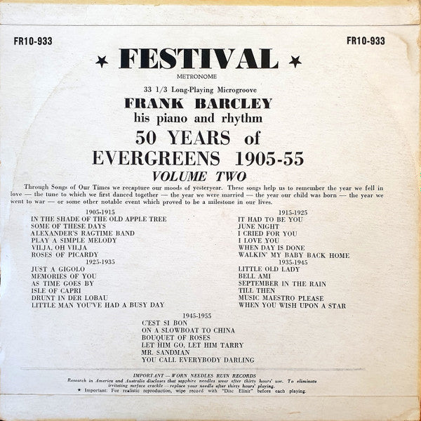 Frank Barcley His Piano And Rhythm : 50 Years Of Evergreens 1905 - 1955 - Volume Two (10", Comp)