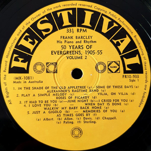 Frank Barcley His Piano And Rhythm : 50 Years Of Evergreens 1905 - 1955 - Volume Two (10", Comp)