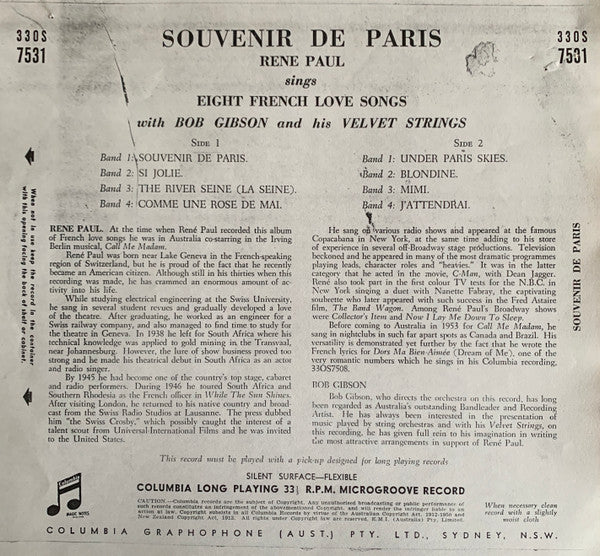 Rene Paul With Bob Gibson's Velvet Strings : Souvenir De Paris (10")