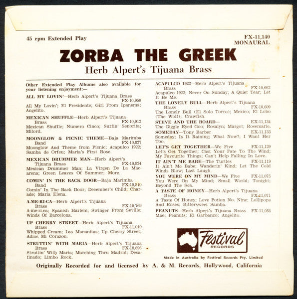 Herb Alpert & The Tijuana Brass : Zorba The Greek (7", EP, Mono)