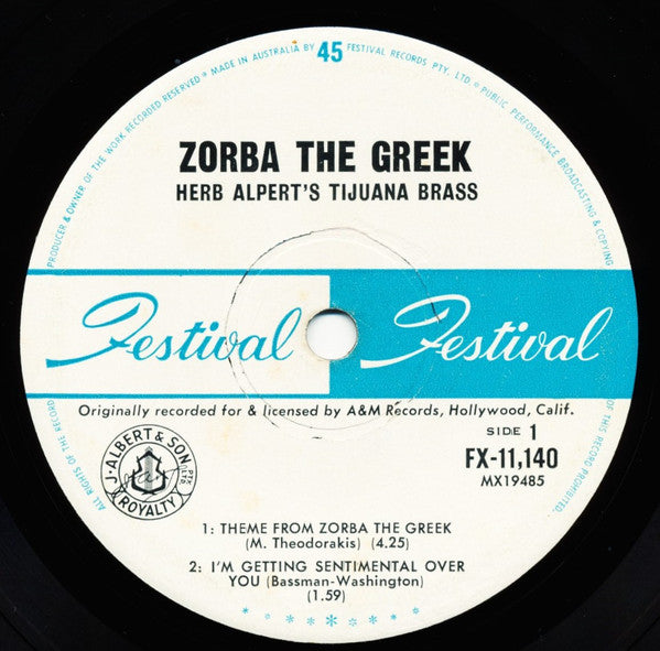Herb Alpert & The Tijuana Brass : Zorba The Greek (7", EP, Mono)