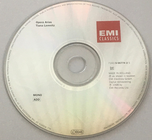 Tiana Lemnitz : Opera Arias/Opernarien/Airs D'Operas (CD, Comp, Mono)