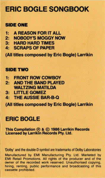 Eric Bogle : The Eric Bogle Songbook (Cass, Comp, Dol)