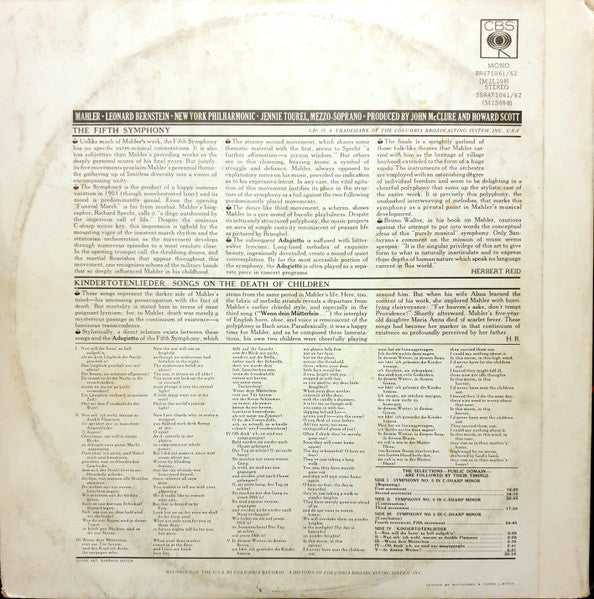 Mahler* - Leonard Bernstein · New York Philharmonic, Jennie Tourel : Symphony No. 5 In C-Sharp Minor / Kindertotenlieder (2xLP, Album)