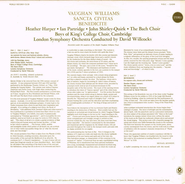 Ralph Vaughan Williams - Heather Harper, Ian Partridge, John Shirley-Quirk, The Bach Choir, Boys Of King's College Choir, Cambridge, London Symphony Orchestra, David Willcocks : Sancta Civitas / Benedicite (LP, Album, Club)