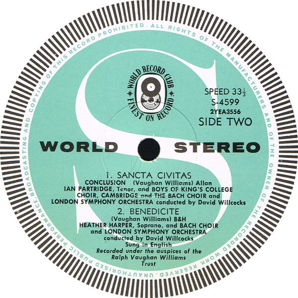 Ralph Vaughan Williams - Heather Harper, Ian Partridge, John Shirley-Quirk, The Bach Choir, Boys Of King's College Choir, Cambridge, London Symphony Orchestra, David Willcocks : Sancta Civitas / Benedicite (LP, Album, Club)