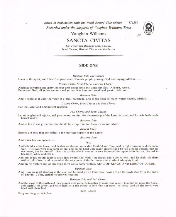 Ralph Vaughan Williams - Heather Harper, Ian Partridge, John Shirley-Quirk, The Bach Choir, Boys Of King's College Choir, Cambridge, London Symphony Orchestra, David Willcocks : Sancta Civitas / Benedicite (LP, Album, Club)