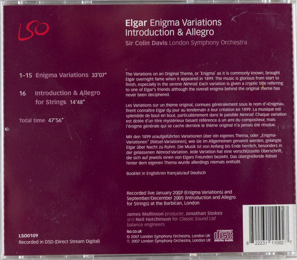 Elgar*, Sir Colin Davis, London Symphony Orchestra : Enigma Variations / Introduction & Allegro For Strings (CD, Album)