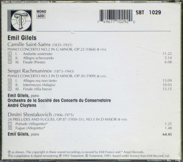 Camille Saint-Saëns • Sergei Vasilyevich Rachmaninoff • Dmitri Shostakovich - Emil Gilels, Orchestre De La Société Des Concerts Du Conservatoire, André Cluytens : Saint-Saëns • Rachmaninov • Shostakovich (CD, Comp, Mono, RM)