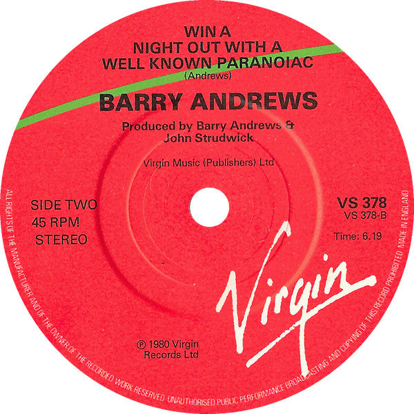 Barry Andrews : Rossmore Road / Win A Night Out With A Well-Known Paranoiac (7")