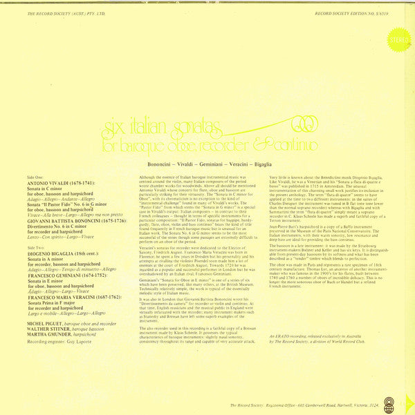 Michel Piguet, Walter Stiftner, Martha Gmunder : Six Italian Sonatas For Baroque Oboe,Recorder & Continuo (LP, Album, Club)
