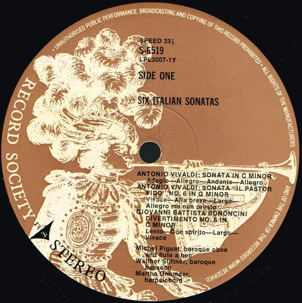 Michel Piguet, Walter Stiftner, Martha Gmunder : Six Italian Sonatas For Baroque Oboe,Recorder & Continuo (LP, Album, Club)
