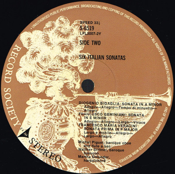 Michel Piguet, Walter Stiftner, Martha Gmunder : Six Italian Sonatas For Baroque Oboe,Recorder & Continuo (LP, Album, Club)