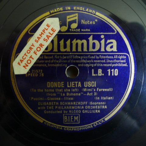 Elisabeth Schwarzkopf With Philharmonia Orchestra : Donde Lieta Usci / Signore, Anscolta! (Shellac, 10")