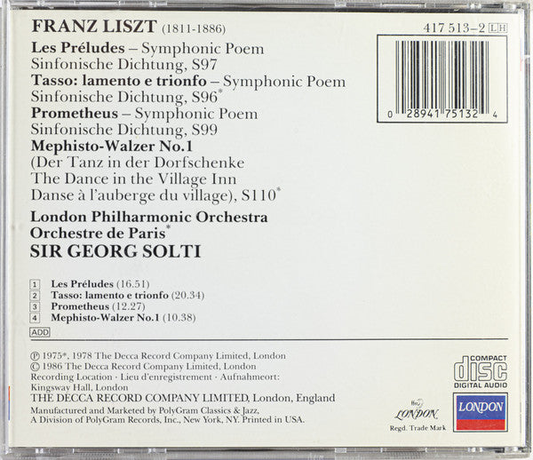 Franz Liszt - London Philharmonic Orchestra / Orchestre De Paris / Georg Solti : Les Préludes · Tasso · Prometheus · Mephisto-Walzer No. 1 (CD, Comp, RM)