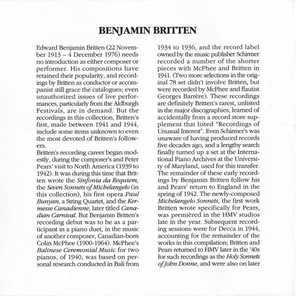 Benjamin Britten, Peter Pears, Colin McPhee, Clifford Curzon, Dennis Brain, The Boyd Neel String Orchestra : Seven Sonnets Of Michelangelo / Music Of Bali / British Folk Songs / Introduction & Rondo Alla Burlesca / Serenade For Tenor, Horn & Strings (CD, Comp, Mono, RM)