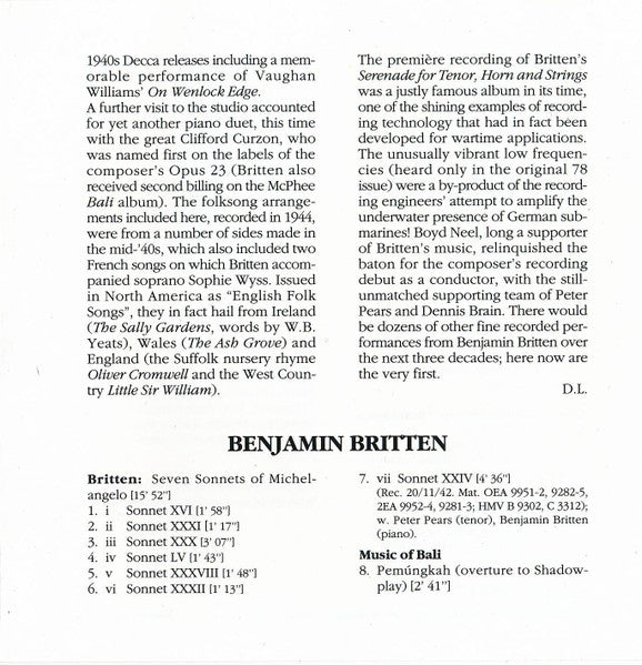 Benjamin Britten, Peter Pears, Colin McPhee, Clifford Curzon, Dennis Brain, The Boyd Neel String Orchestra : Seven Sonnets Of Michelangelo / Music Of Bali / British Folk Songs / Introduction & Rondo Alla Burlesca / Serenade For Tenor, Horn & Strings (CD, Comp, Mono, RM)