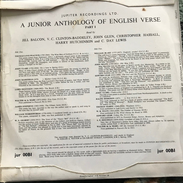 Various : A Junior Anthology Of English Verse Part 1 (10")