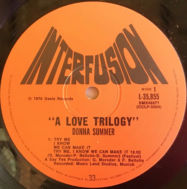 Donna Summer : A Love Trilogy (LP, Album, P/Mixed, San)