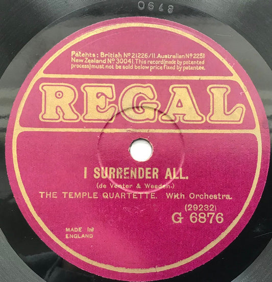 The Temple Quartette : I Surrender All / The Glory Song (Shellac, 10", RP)