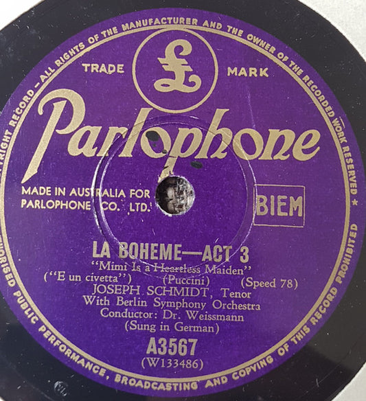 Joseph Schmidt : La Boheme-Act 1, Scene 3 / La Boheme- Act 3 (Shellac, 10", RP)