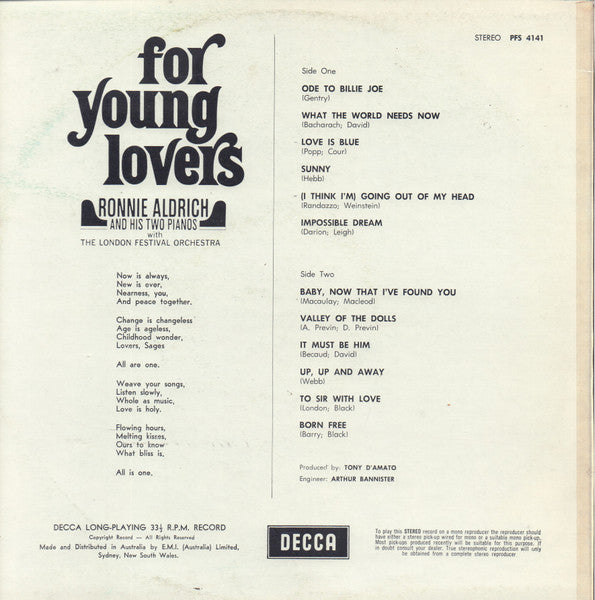 Ronnie Aldrich And His Two Pianos* With The London Festival Orchestra* : For Young Lovers (LP, Album)
